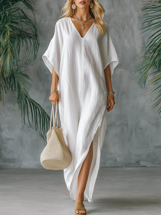 🔥Summer Arrivals🌟Women's Solid Color V-neck 3/4 Sleeve Casual Loose Cotton And Linen Dress