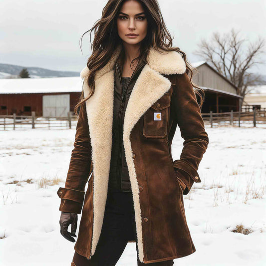 🔥𝗖𝗹𝗲𝗮𝗿𝗮𝗻𝗰𝗲 𝗦𝗮𝗹𝗲🌟Women's Carhartt Vintage Brown Suede Fleece Lapel Collar Mid-Length Shearling Coat Jacket