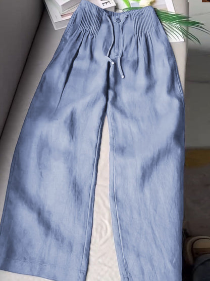🔥Summer Arrivals🌟Women's Solid Color Pleated Drawstring Casual Cotton and Linen Wide Leg Pants