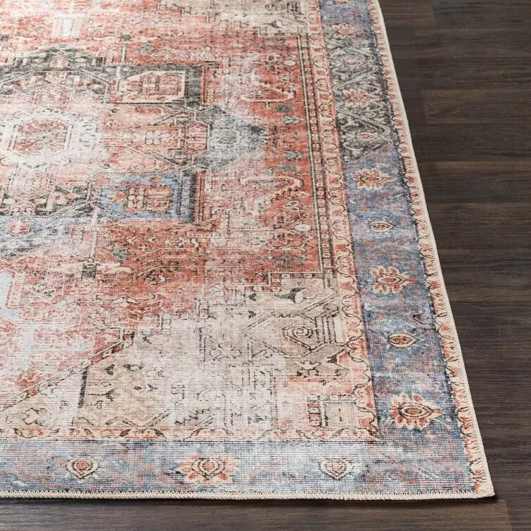 Mya Machine Washable Oriental Brick Red/Light Gray Area Rug