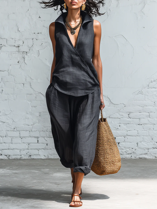 🔥Summer Arrivals🌟Minimalist Collared Shirt And Wide-leg Pant Linen Two-piece Set