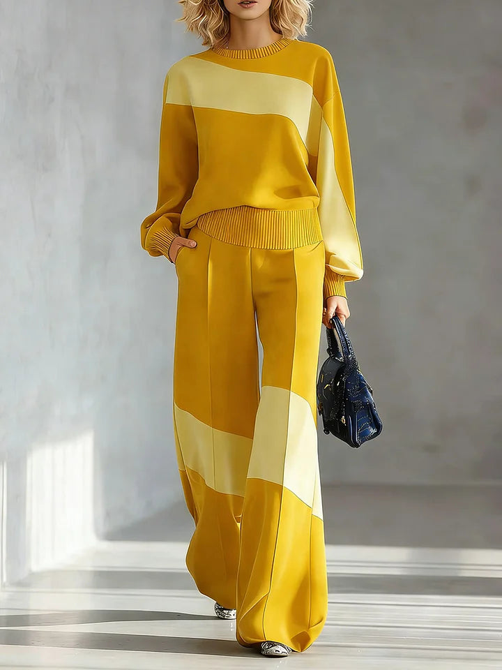 🔥Summer Arrivals🌟Women's Color-block Round Neck Long-sleeved Casual Loose Wide-leg Pants Knitted Set