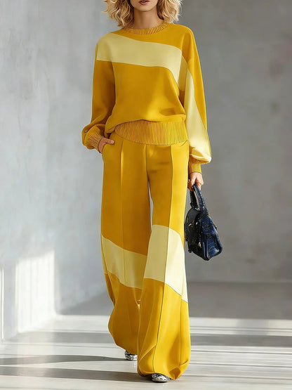 🔥Summer Arrivals🌟Women's Color-block Round Neck Long-sleeved Casual Loose Wide-leg Pants Knitted Set