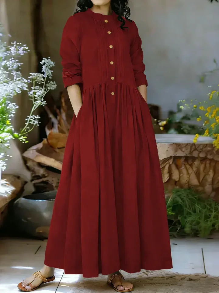 🔥Summer Arrivals🌟Women's Solid Color Stand-collar Long-sleeved Loose-fitting A-line Cotton Dress