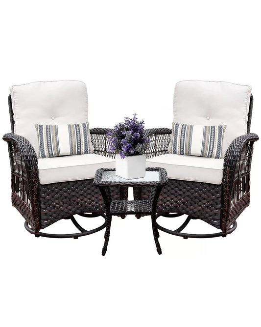 Outdoor Swivel Rocker Patio Chairs Set of 2 and Matching Side Table - 3 Piece Wicker Patio Bistro Set with Premium Fabric Cushions Outdoor Furniture (Dark Wicker Chair Beige Cushion)