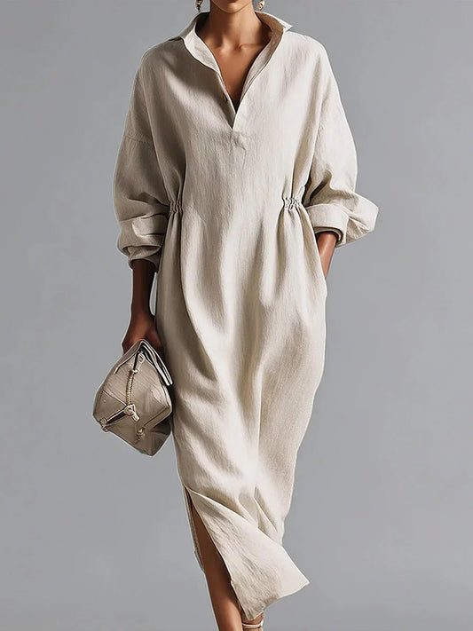 🔥Summer Arrivals🌟Women's Solid Color Lapel Long-sleeved Casual Loose Cotton Dress
