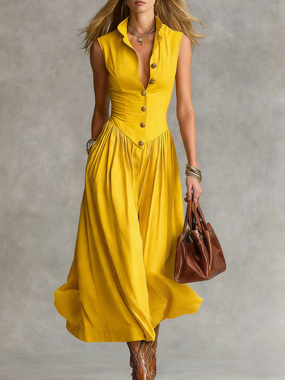 🔥Summer Arrivals🌟Women's Solid Color Collared Sleeveless Casual Loose Cotton Linen Dress
