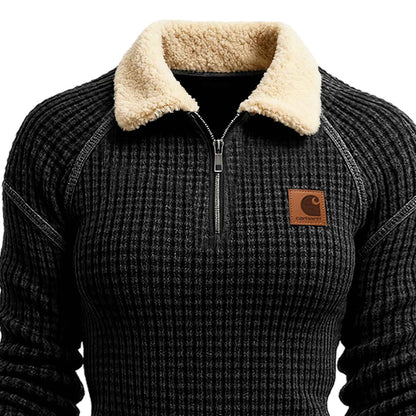 🔥𝗖𝗹𝗲𝗮𝗿𝗮𝗻𝗰𝗲 𝗦𝗮𝗹𝗲🌟Women's Vintage Black Waffle Knit Quarter-Zip Fur Lapel Long-Sleeve Sweatshirt
