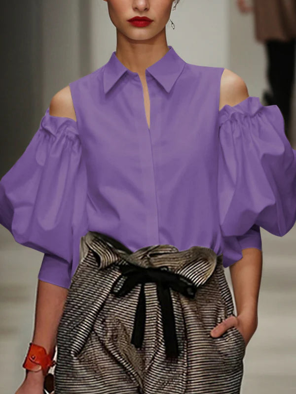🔥Summer Arrivals🌟Women's Loose Pleated Solid Color Cold Shoulder Cotton Blouses