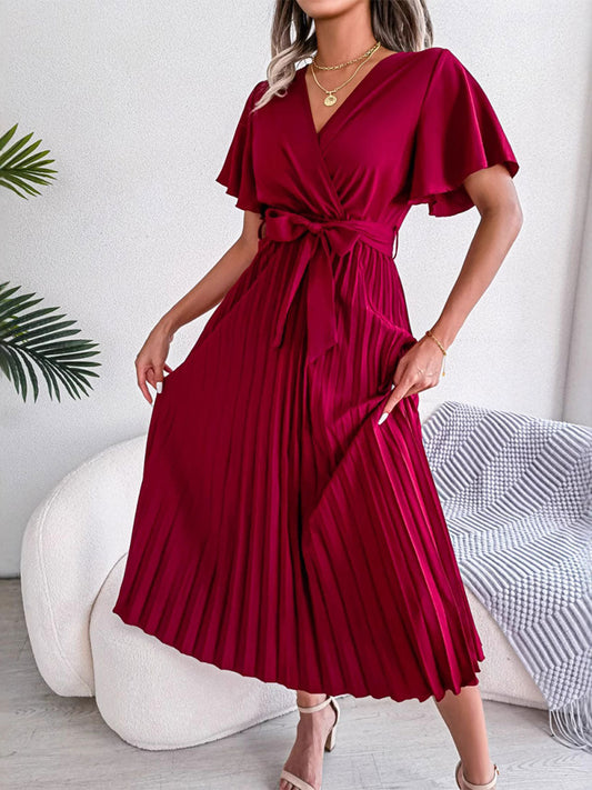 🔥Summer Arrivals🌟Women's Casual Cross V-neck Ruffled Pleated Dress