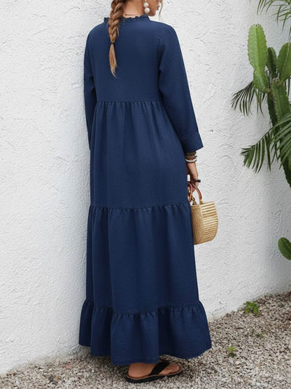 🔥Summer Arrivals🌟Women's Solid Color Round Neck Long Sleeve Casual Loose Cotton Linen Dress