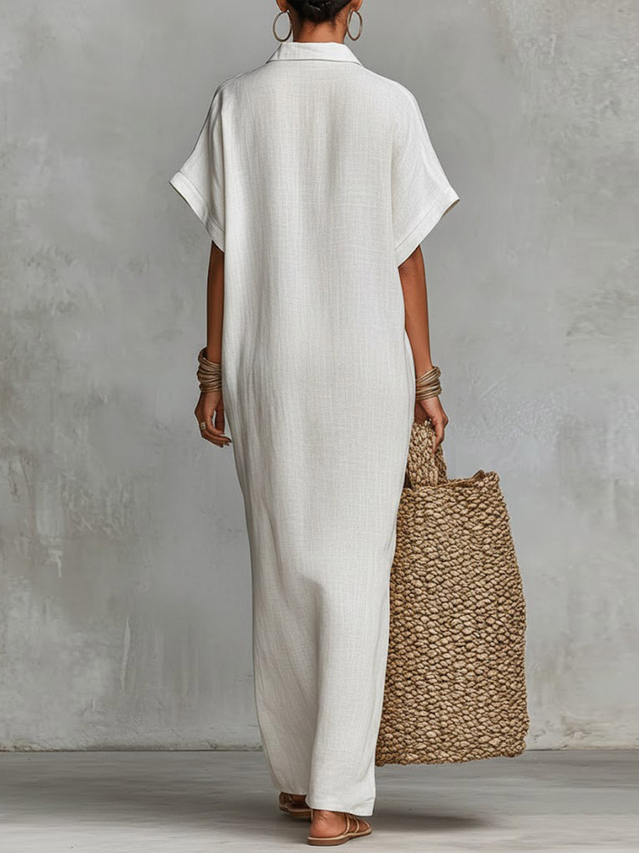 🔥Summer Arrivals🌟Women's Solid Color Collared Short-sleeved Casual Loose Linen Dress