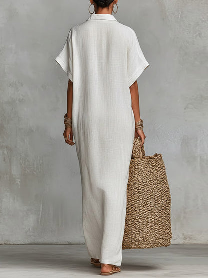 🔥Summer Arrivals🌟Women's Solid Color Collared Short-sleeved Casual Loose Linen Dress