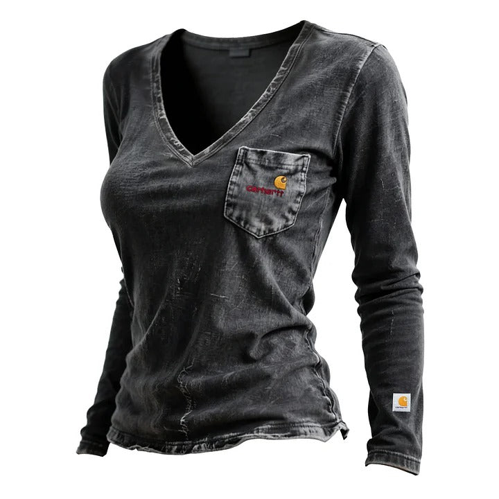 🔥𝗖𝗹𝗲𝗮𝗿𝗮𝗻𝗰𝗲 𝗦𝗮𝗹𝗲🌟Women's Vintage Washed Distressed Collar V-Neck Long-Sleeve T-Shirt