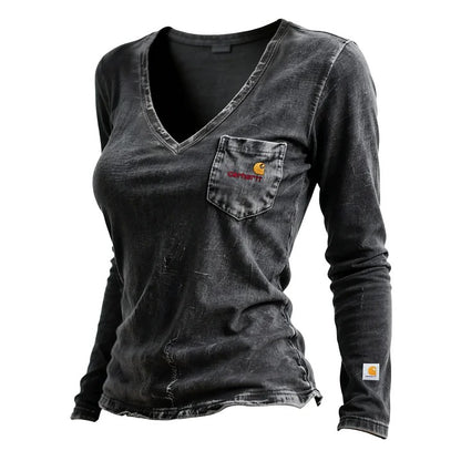 🔥𝗖𝗹𝗲𝗮𝗿𝗮𝗻𝗰𝗲 𝗦𝗮𝗹𝗲🌟Women's Vintage Washed Distressed Collar V-Neck Long-Sleeve T-Shirt