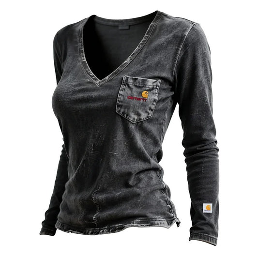 🔥𝗖𝗹𝗲𝗮𝗿𝗮𝗻𝗰𝗲 𝗦𝗮𝗹𝗲🌟Women's Vintage Washed Distressed Collar V-Neck Long-Sleeve T-Shirt