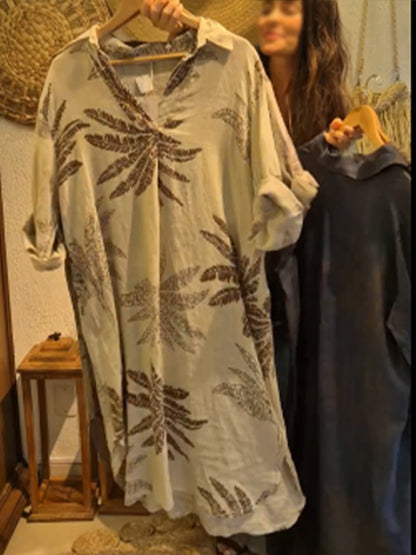 🔥Summer Arrivals🌟Casual Leaf Print Linen And Cotton Dress