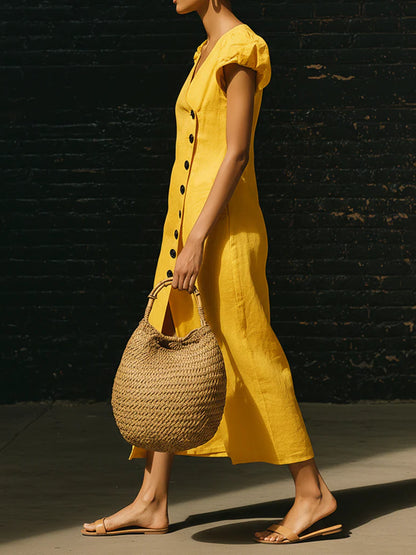 🔥Summer Arrivals🌟Elegant V-neck Button-up Linen Midi Dress