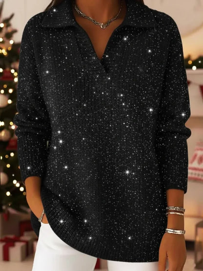 🔥Summer Arrivals🌟Christmas Party Polo Collar Shiny Loose Sweater Top