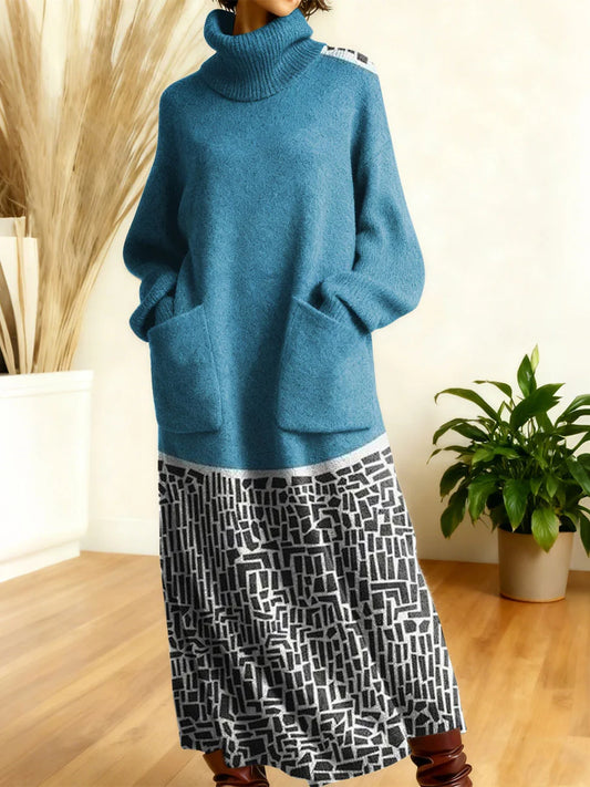 🔥Summer Arrivals🌟Women's Retro Abstract Geometric Colorful Splicing Patterns Art High-neck Long-sleeve Casual Loose Knit Dress