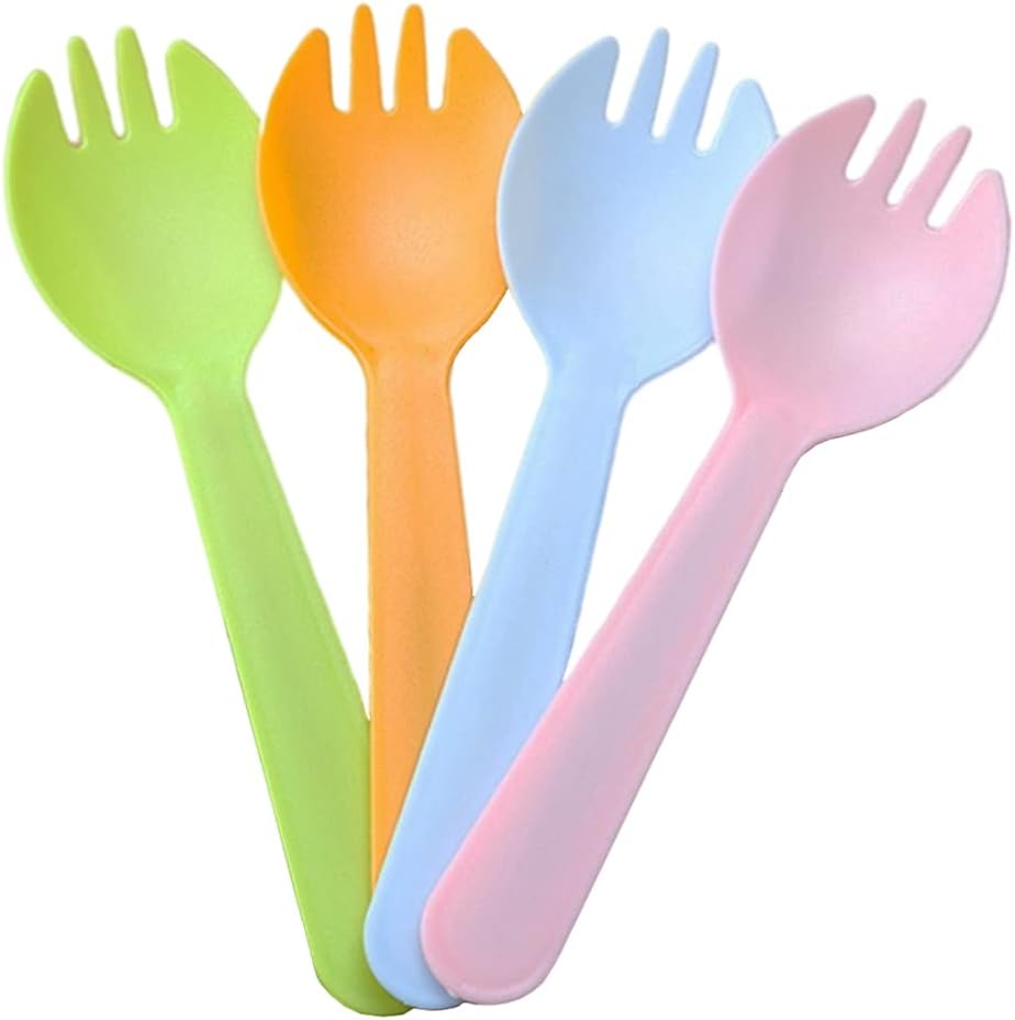 4.3" Mini Disposable Sporks 100ct, Plastic Spork 2-in-1 Utensils, 4 Colors, 25ct Individual Package Per Color - Made by Mavere