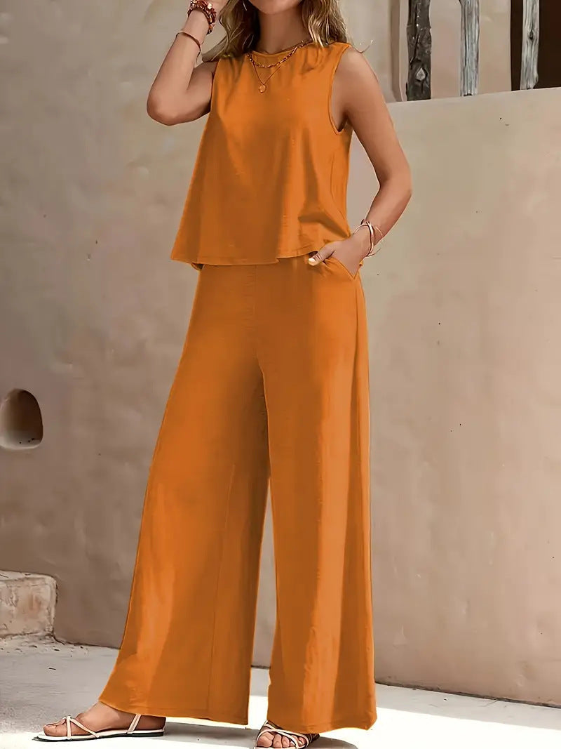 🔥Summer Arrivals🌟Women's Casual Crew Neck Top And Wide-leg Pants Set