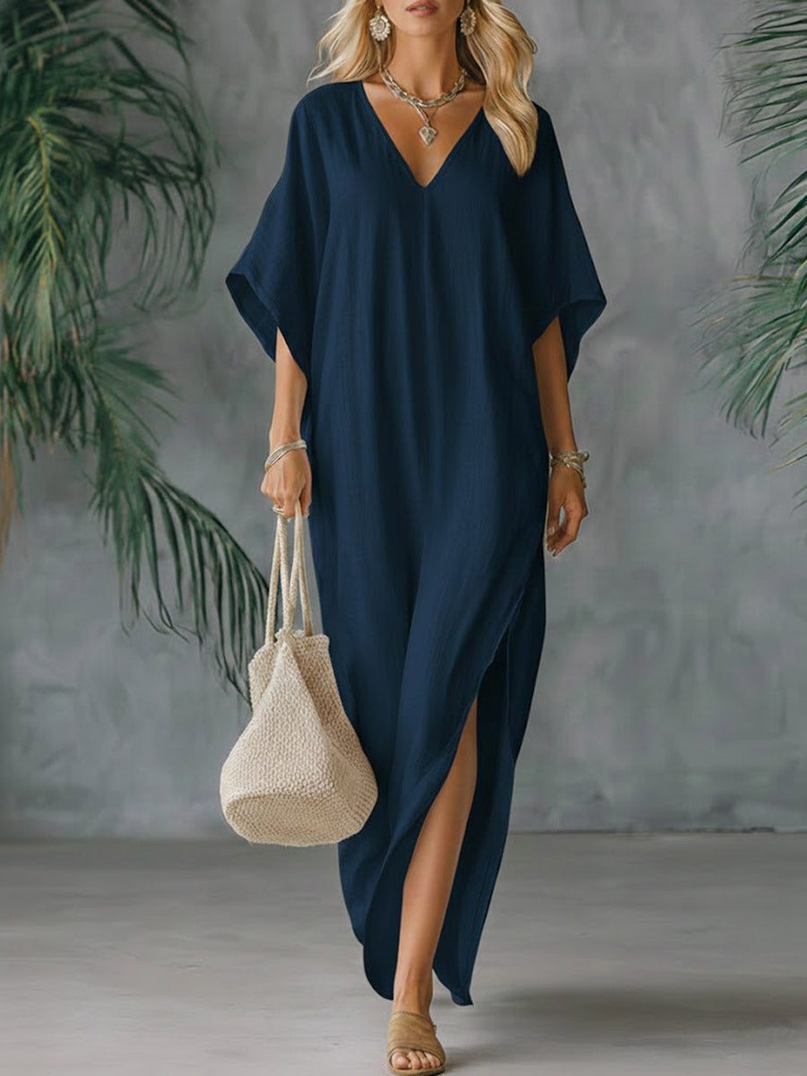 🔥Summer Arrivals🌟Women's Solid Color V-neck 3/4 Sleeve Casual Loose Cotton And Linen Dress