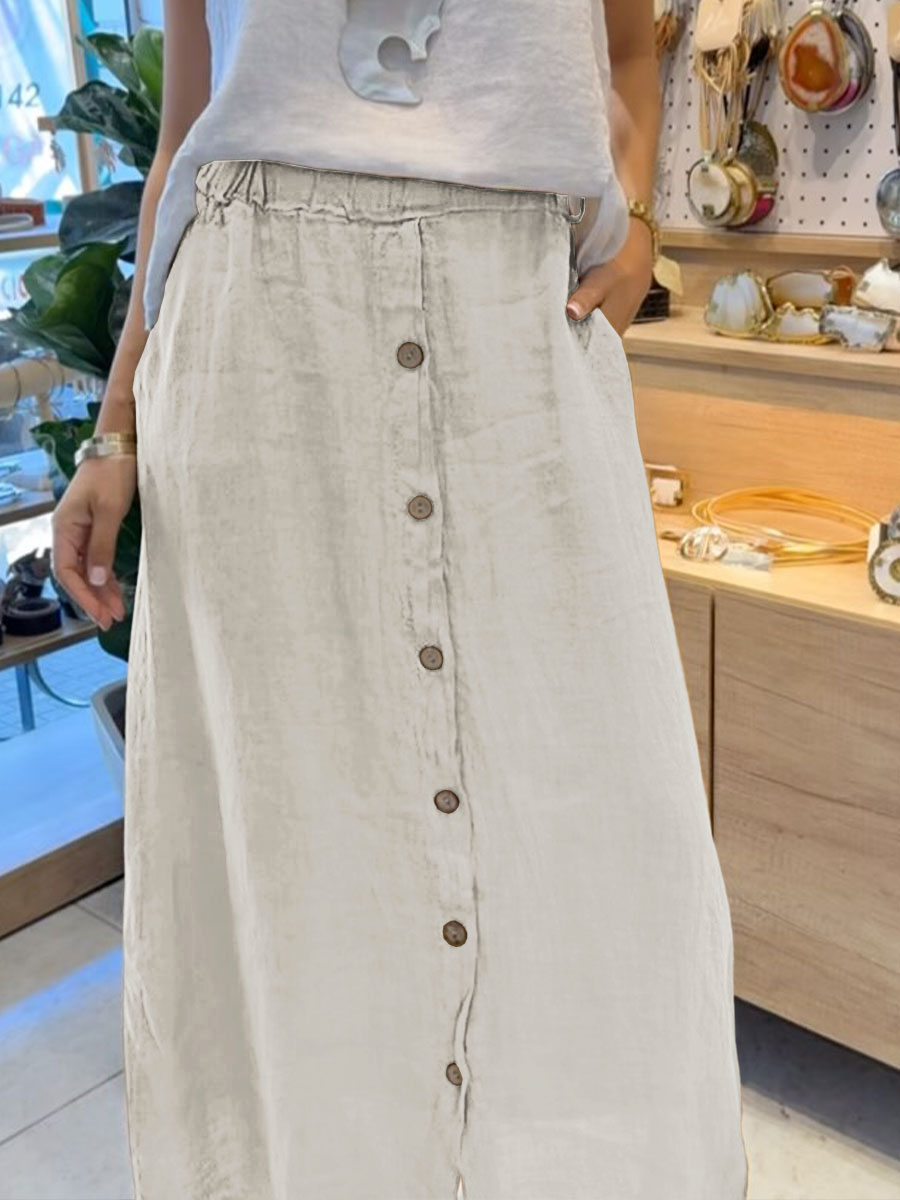 🔥Summer Arrivals🌟Women's Solid Color Elastic Waist Buttons Casual Pockets Linen Skirt