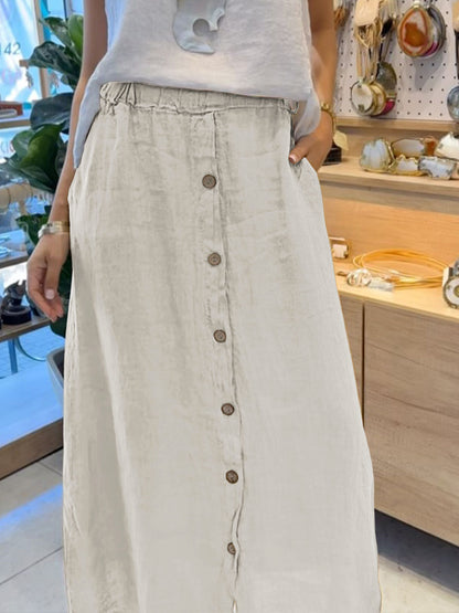 🔥Summer Arrivals🌟Women's Solid Color Elastic Waist Buttons Casual Pockets Linen Skirt