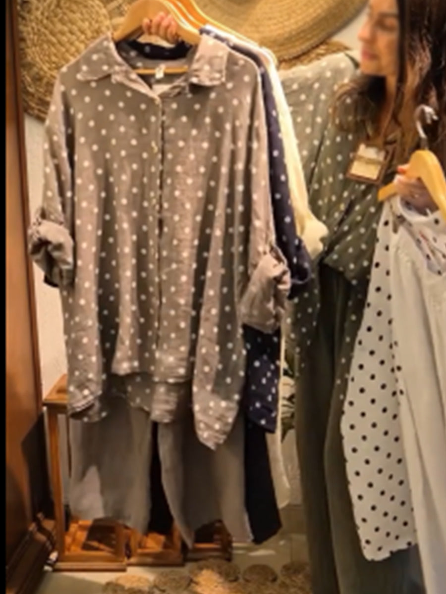 🔥Summer Arrivals🌟Casual Polka Dot Linen And Cotton Shirt And Trousers Two-piece Set