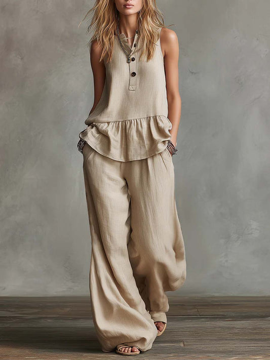 🔥Summer Arrivals🌟Women's Round Neck Sleeveless Casual Loose Cotton Top And High Waist Casual Loose Wide Leg Pants Set