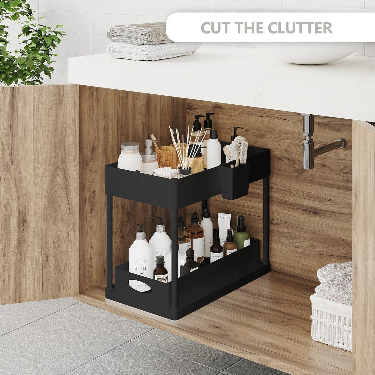 StorageBud 2 Tier Under Kitchen Sink Organizer with Sliding Drawer-Bathroom Cabinet Organizer with Utility Hooks and Side Caddy