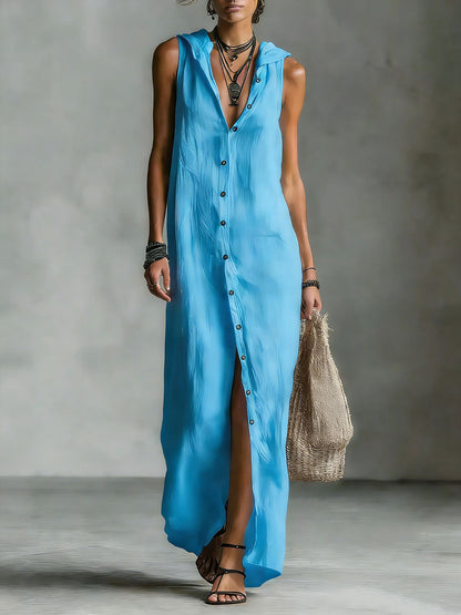 🔥Summer Arrivals🌟Women's Retro Hooded Solid Color Long-sleeved Cotton Linen Dress
