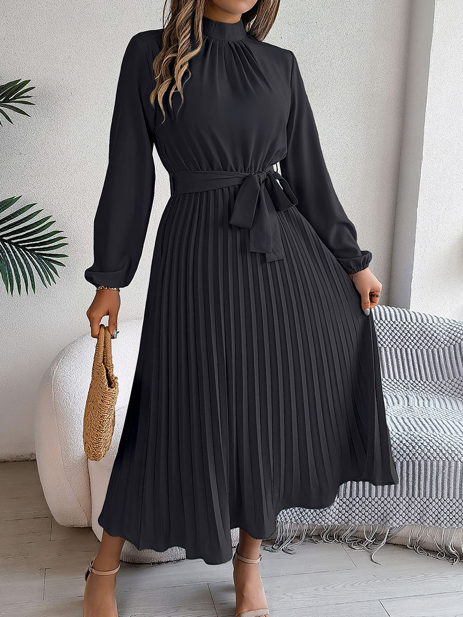 🔥Summer Arrivals🌟Women's Stand-up Collar Long-sleeved Lace Up Pleated Dress
