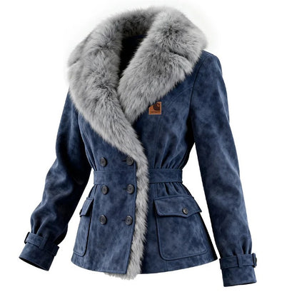 🔥𝗖𝗹𝗲𝗮𝗿𝗮𝗻𝗰𝗲 𝗦𝗮𝗹𝗲🌟Women's Elegant Double-breasted Burgundy Suede Coat With Fur Collar