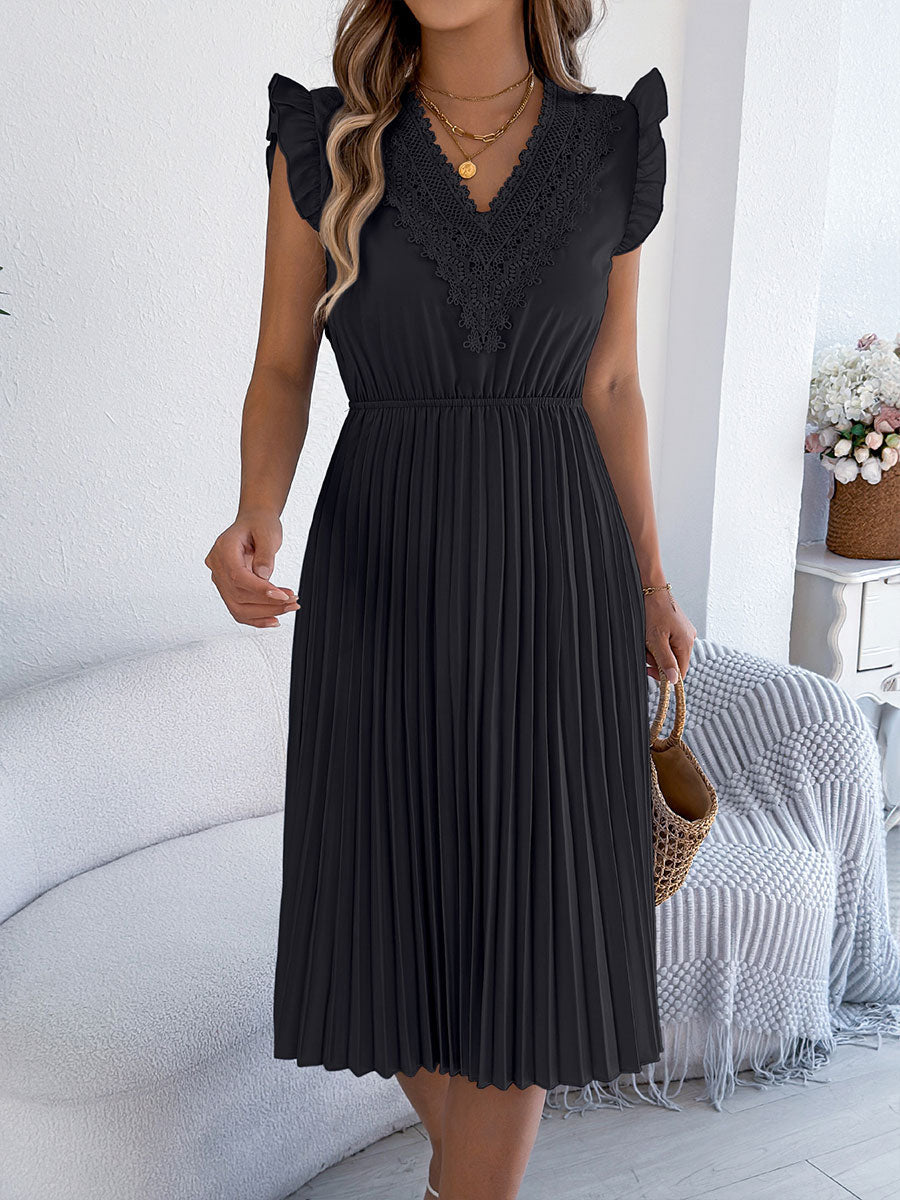 🔥Summer Arrivals🌟Women's Casual Lace V-neck Ruffled Pleated Dress