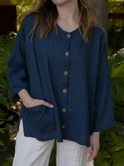 🔥Summer Arrivals🌟Women's Solid Color Round Neck Long-sleeved Casual Loose Cotton And Linen Top