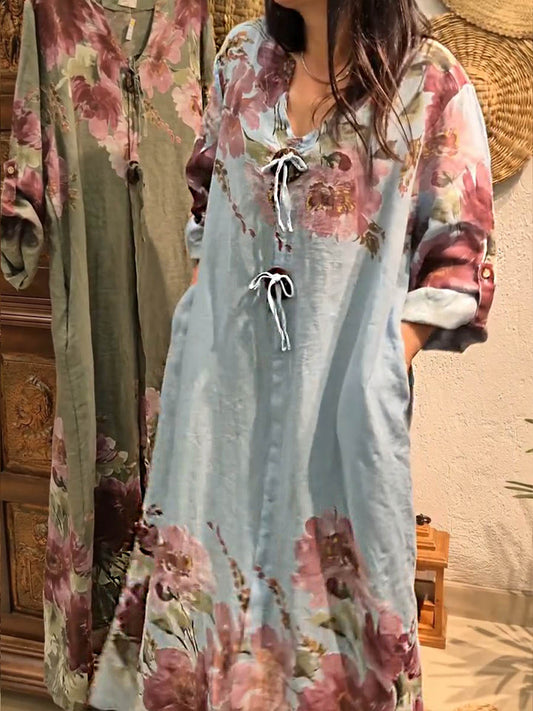 🔥Summer Arrivals🌟Women's V-neck Long Sleeve Vintage Positioning Print Casual Loose Cotton and Linen Dress