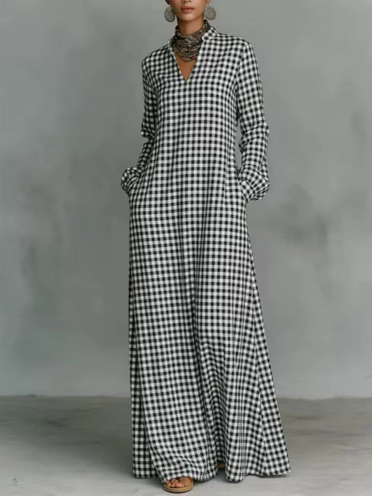🔥Summer Arrivals🌟Women's Plaid Print V-neck Long-sleeved Casual Loose Cotton And Linen Dress