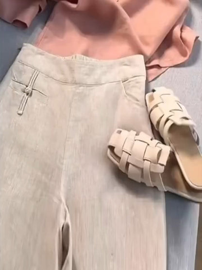 🔥Summer Arrivals🌟Women's Solid Color Button Half Elastic High Waist Casual Cotton and Linen Wide Leg Pants