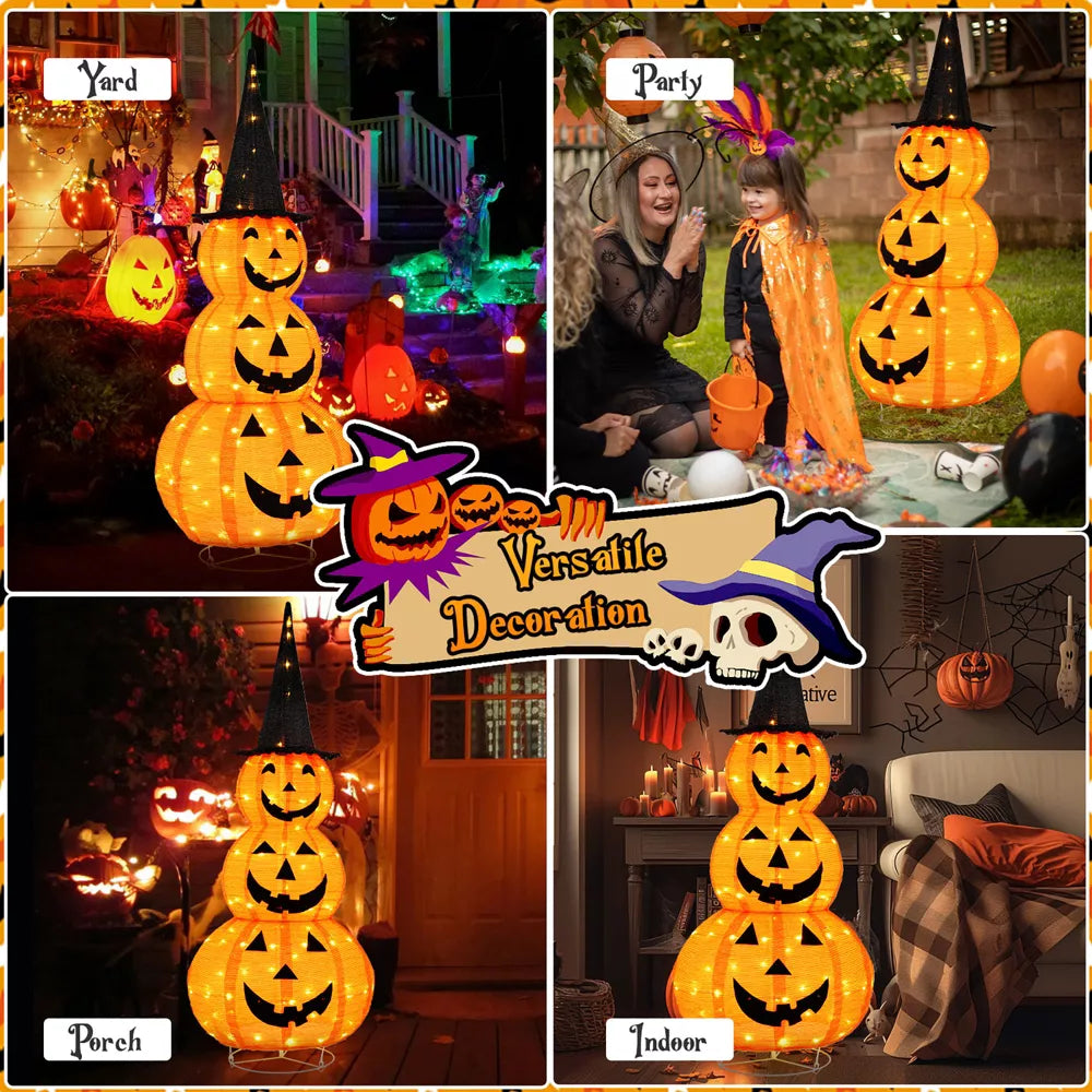 Tangkula Halloween Light Up Pumpkin Decoration Stacked Pumpkins with Witch Hat Build-in LED Lights Pop Up Jack-o-Lantern