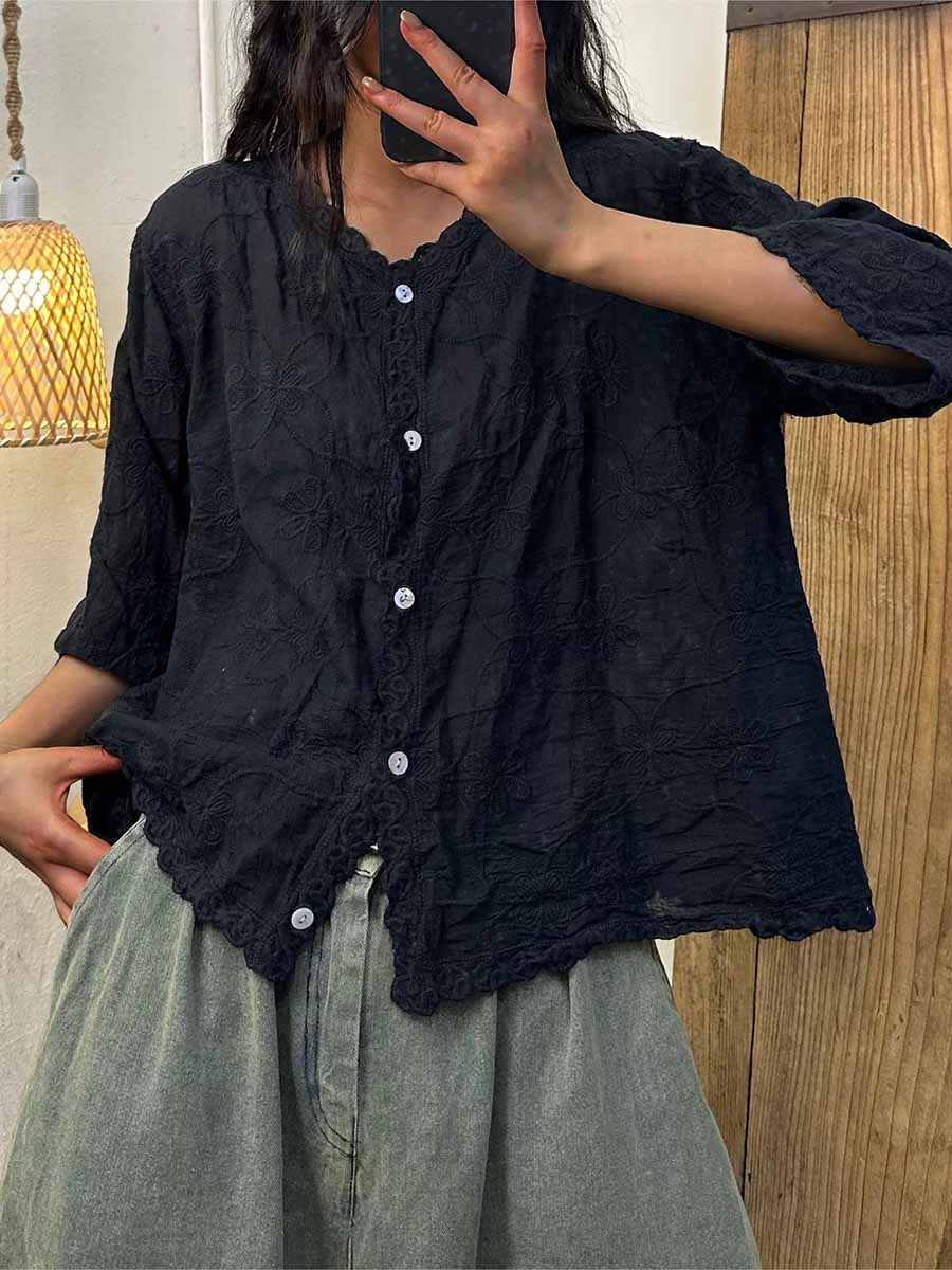 🔥Summer Arrivals🌟Women's V-neck Half Sleeve Embroidered Cardigan Buttoned Casual Linen Top