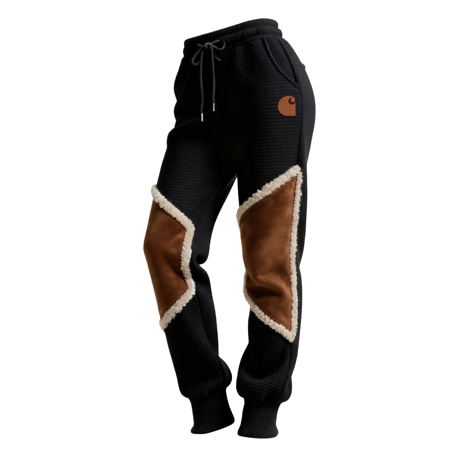 Women's Retro Western Waffle Contrast Suede Track Pants-Khaki