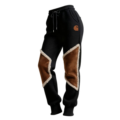 Women's Retro Western Waffle Contrast Suede Track Pants-Khaki