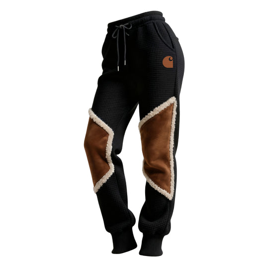 Women's Retro Western Waffle Contrast Suede Track Pants-Khaki
