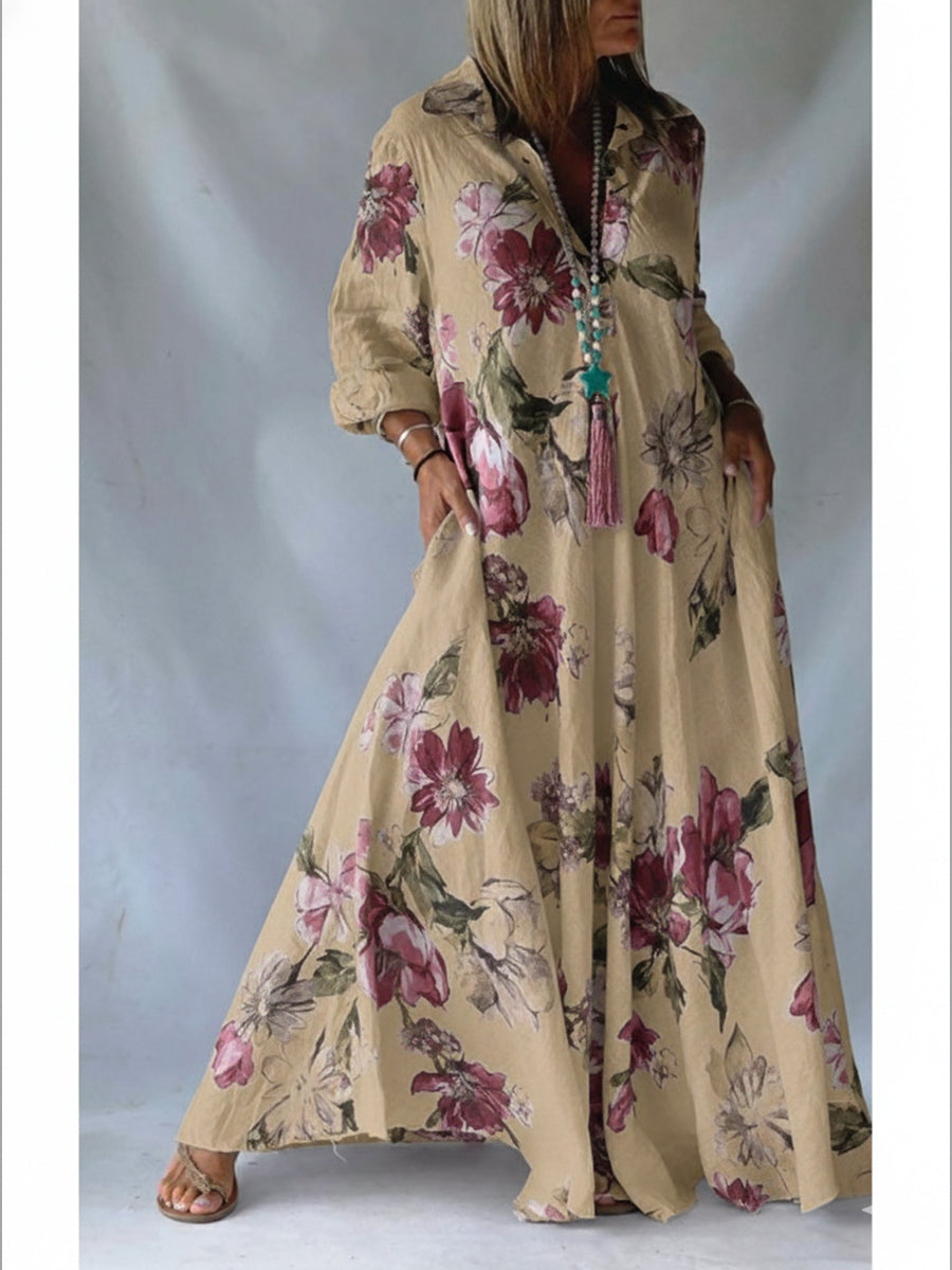 🔥Summer Arrivals🌟Loose-fitting Casual Linen And Cotton Floral Print Shirt Dress