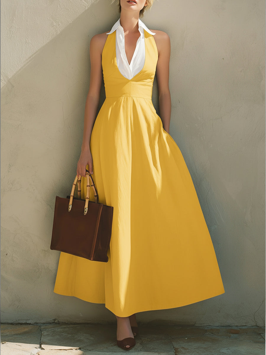 🔥Summer Arrivals🌟Fashionable Patchwork White Collar Sleeveless Cotton Dress