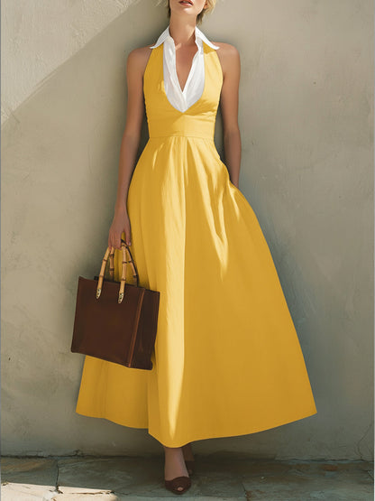 🔥Summer Arrivals🌟Fashionable Patchwork White Collar Sleeveless Cotton Dress