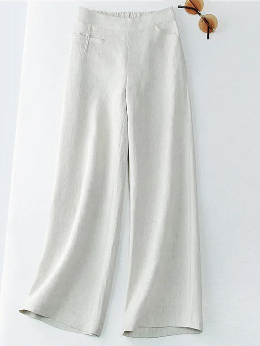 🔥Summer Arrivals🌟Women's Solid Color Button Half Elastic High Waist Casual Cotton and Linen Wide Leg Pants