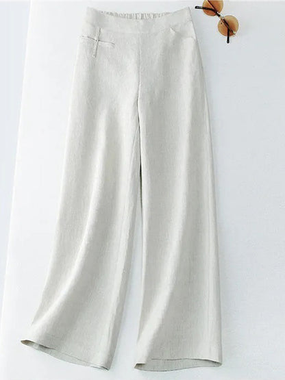 🔥Summer Arrivals🌟Women's Solid Color Button Half Elastic High Waist Casual Cotton and Linen Wide Leg Pants